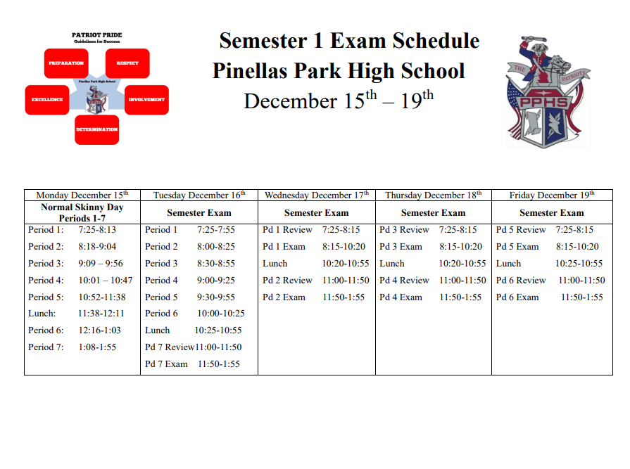  Semester 1 Exam Schedule